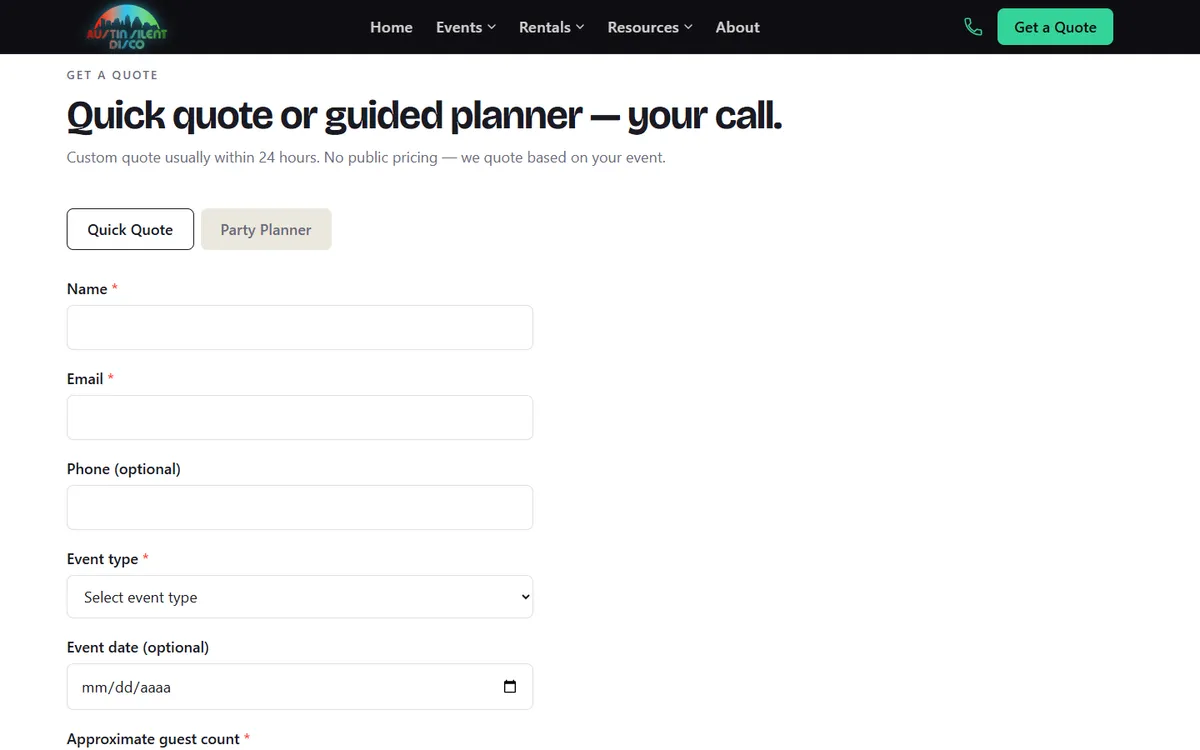 The Get a Quote page