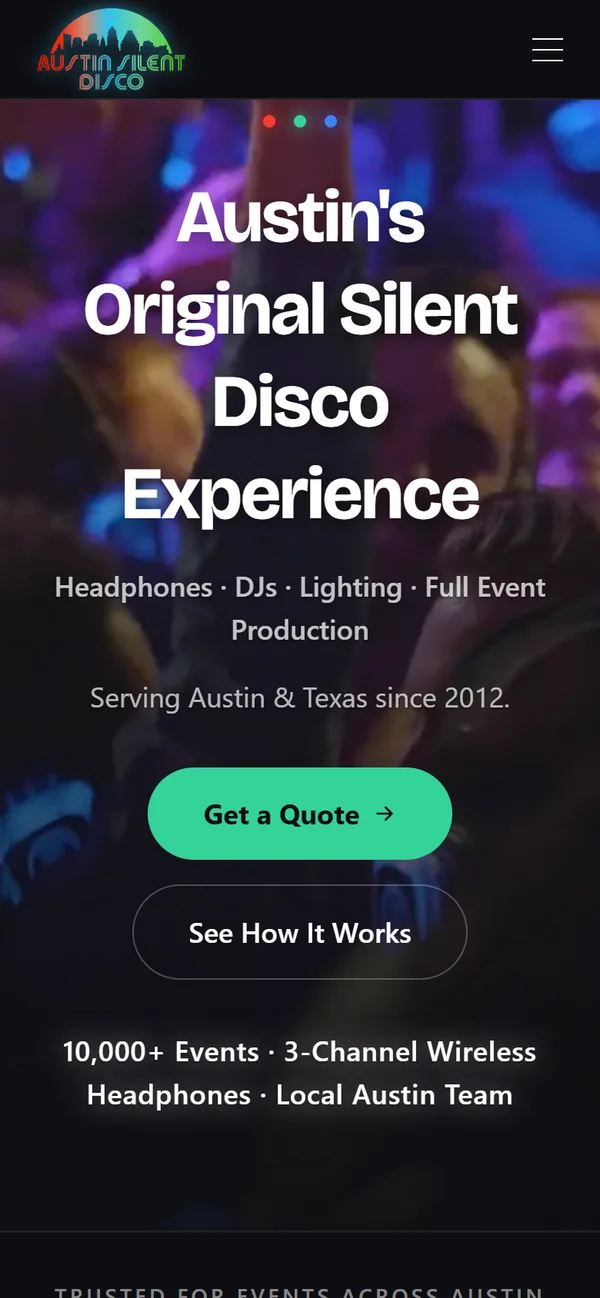 Austin Silent Disco homepage on mobile