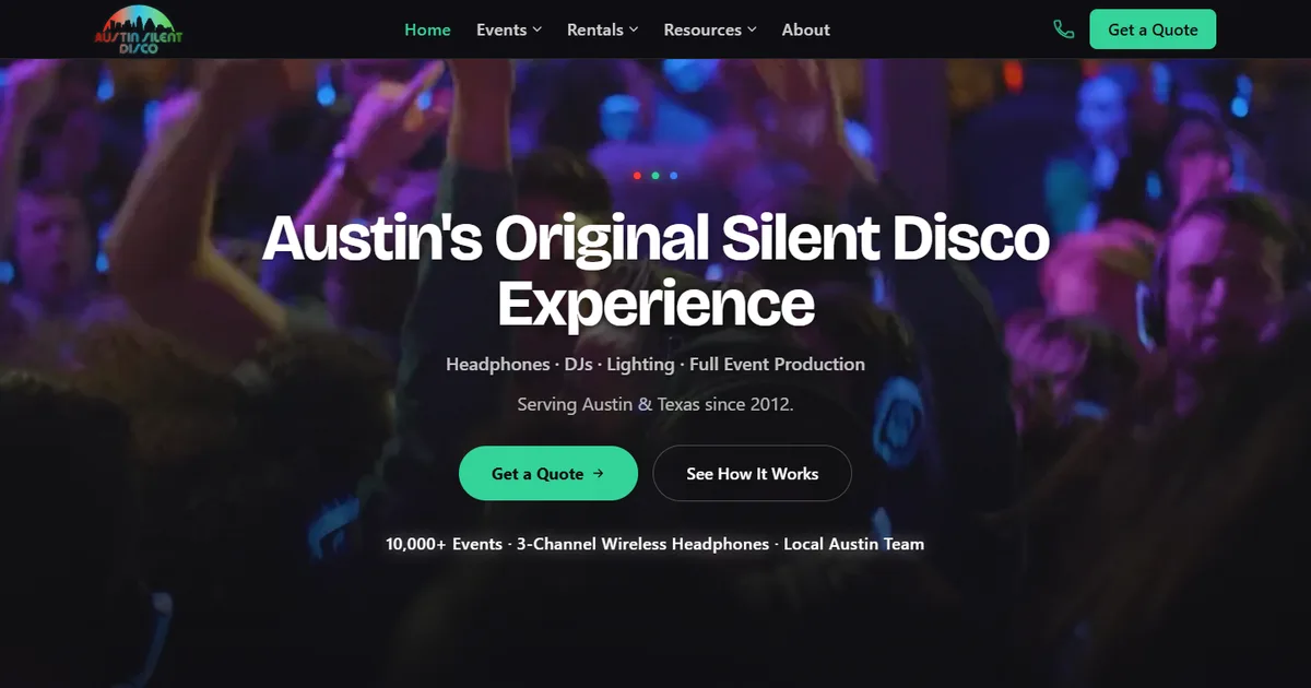 Austin Silent Disco homepage on desktop
