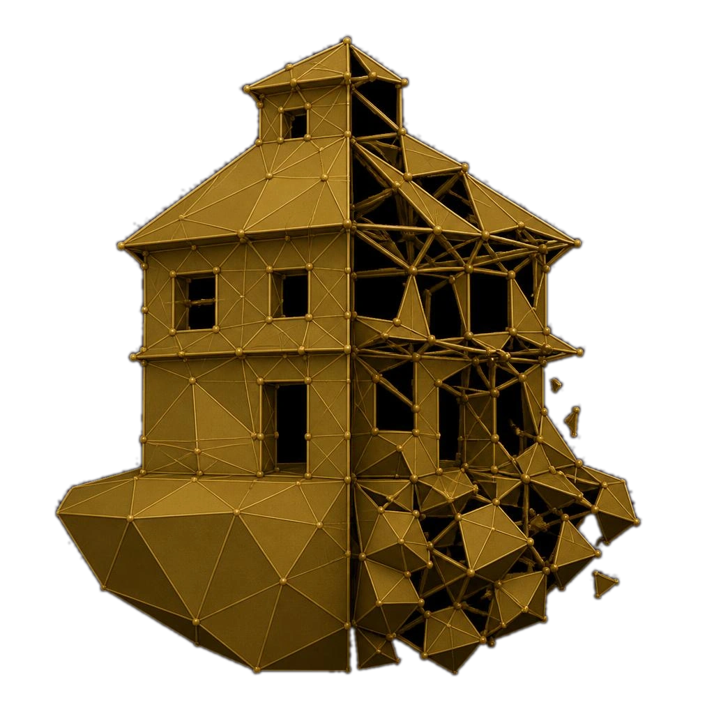A structure on solid owned ground beside one on dissolving, borrowed ground
